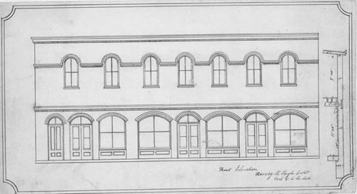 J.B. Tuthill Building plans & specifications, front elevation. Rebuilding, following the 1876 fire that destroyed much of downtown Chester. chs-006005
